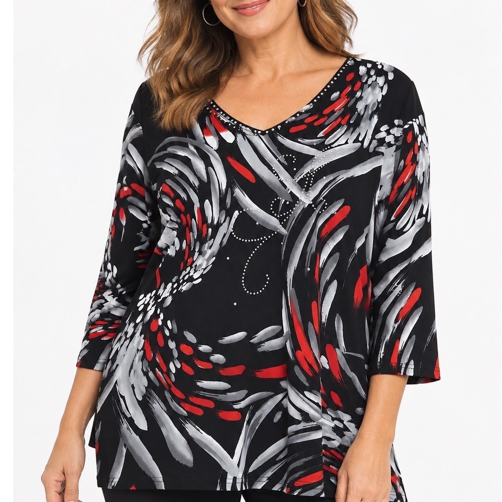 Valentina Womens XL Black Red Abstract Swirl 3/4 Sleeve Rhinestone V-Neck Blouse